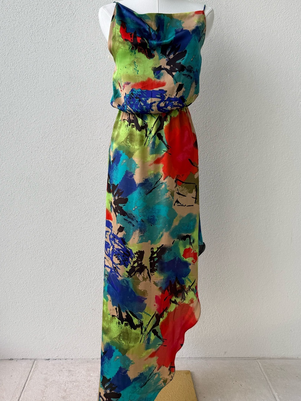 KNOCKOUT Abstract Print silky asymmetric hem FLATTERING Maxi Dress - XS